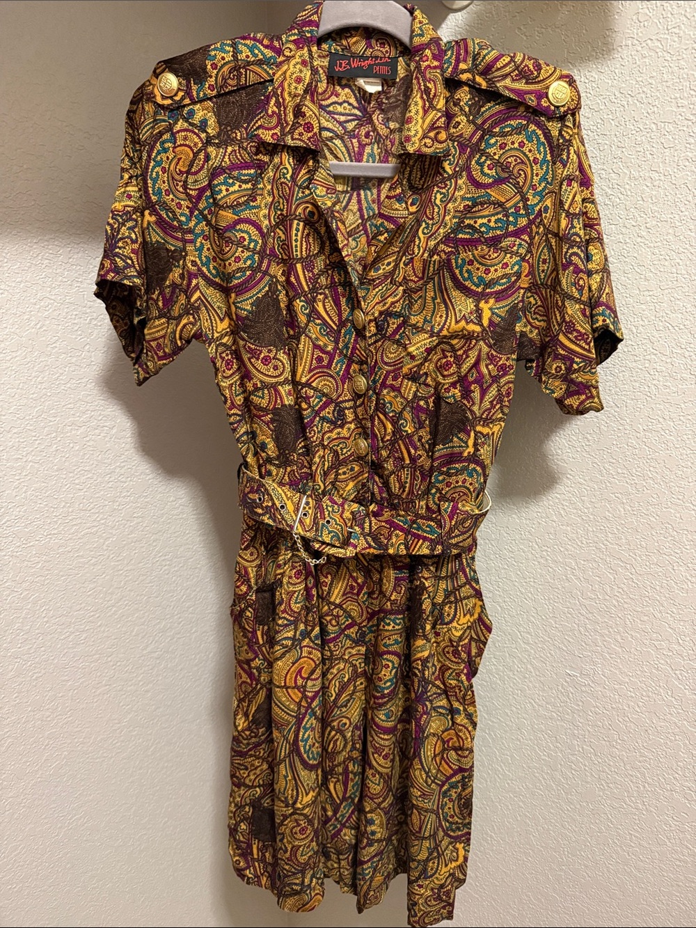 Vintage Paisley Short Sleeve Belted Romper in Mustard & Brown